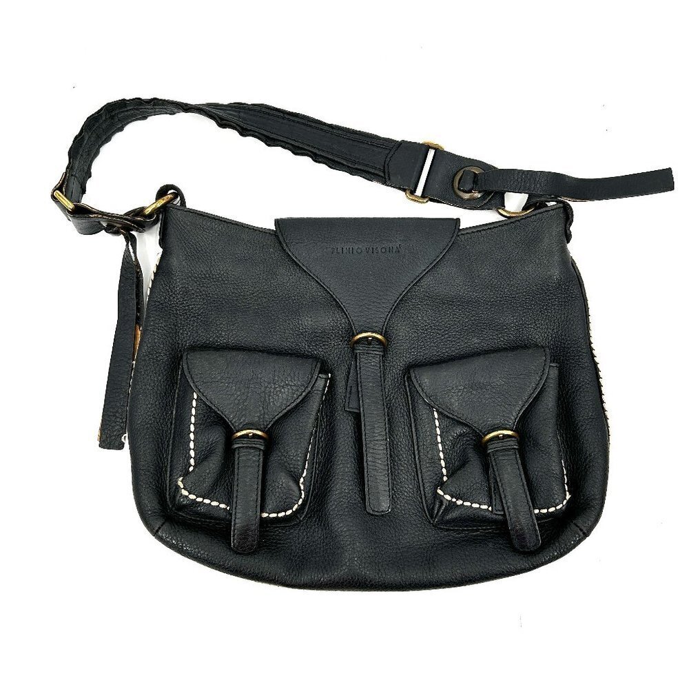 PLINIO VISONA Black Pebbled Leather Stitched Seams Saddle Shoulder Purse Bag